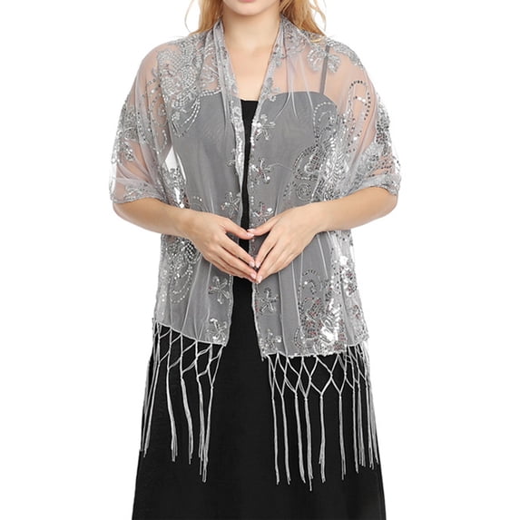 IYYVV Shawls And Wraps For Evening Dresses,Women Elegant Formal 1920S Sequin Flower Sheer Shawls And Wraps For Wedding Party Gray