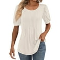 thumbnail image 1 of IYYVV Womens Puff Short Sleeve Tunic Tops Pleated Crew Neck Blouses Dressy Casual Loose Fit Spring And Summer T Shirts Beige 2XL, 1 of 6