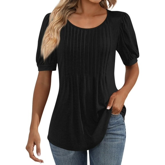 IYYVV Shirts For Women Puff Short Sleeve Pleated Dressy Casual Scooped Neck Summer Tops Blouses Fashion Clothes 2024 Black L