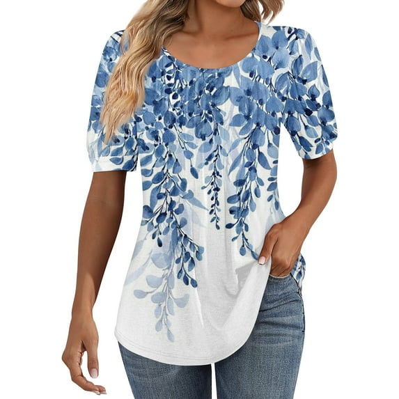 IYYVV Shirts For Women Puff Short Sleeve Pleated Dressy Casual Scooped Neck Summer Tops Blouses Fashion Clothes 2024 Blue S