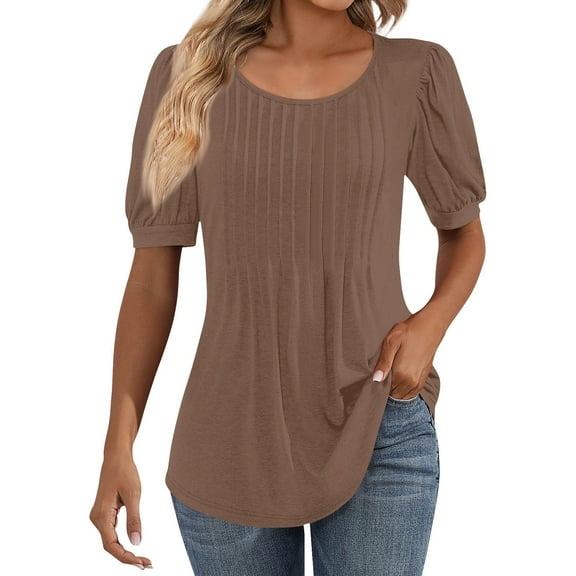 IYYVV Shirts For Women Puff Short Sleeve Pleated Dressy Casual Scooped Neck Summer Tops Blouses Fashion Clothes 2024 Brown 2XL