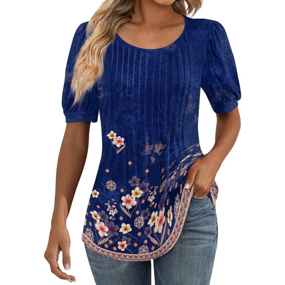 IYYVV Shirts For Women Puff Short Sleeve Pleated Dressy Casual Scooped Neck Summer Tops Blouses Fashion Clothes 2024 Dark Blue XL