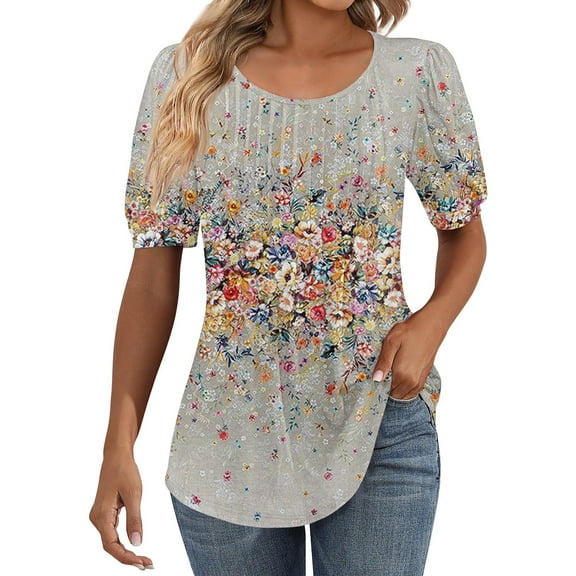 IYYVV Shirts For Women Puff Short Sleeve Pleated Dressy Casual Scooped Neck Summer Tops Blouses Fashion Clothes 2024 Gray 2XL