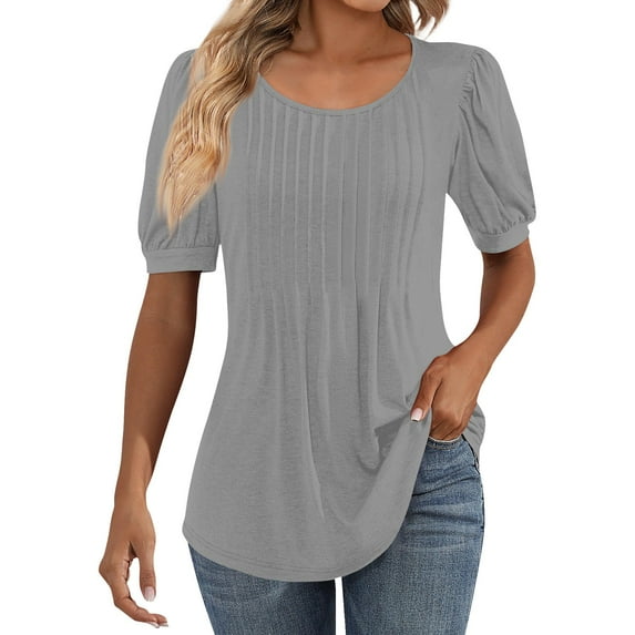 IYYVV Shirts For Women Puff Short Sleeve Pleated Dressy Casual Scooped Neck Summer Tops Blouses Fashion Clothes 2024 Gray 3XL