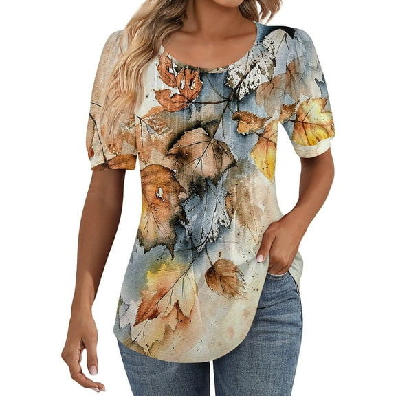 IYYVV Shirts For Women Puff Short Sleeve Pleated Dressy Casual Scooped Neck Summer Tops Blouses Fashion Clothes 2024 Orange 2XL