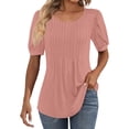 thumbnail image 1 of IYYVV Shirts For Women Puff Short Sleeve Pleated Dressy Casual Scooped Neck Summer Tops Blouses Fashion Clothes 2024 Pink S, 1 of 6