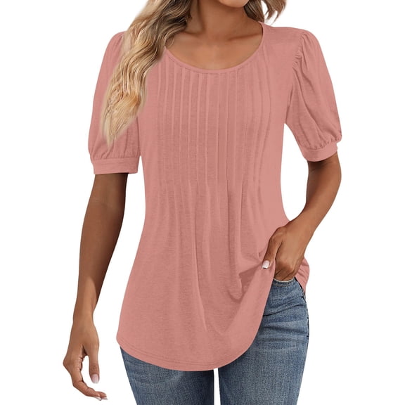 IYYVV Shirts For Women Puff Short Sleeve Pleated Dressy Casual Scooped Neck Summer Tops Blouses Fashion Clothes 2024 Pink S