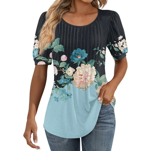 IYYVV Shirts For Women Puff Short Sleeve Pleated Dressy Casual Scooped Neck Summer Tops Blouses Fashion Clothes 2024 Sky Blue XL