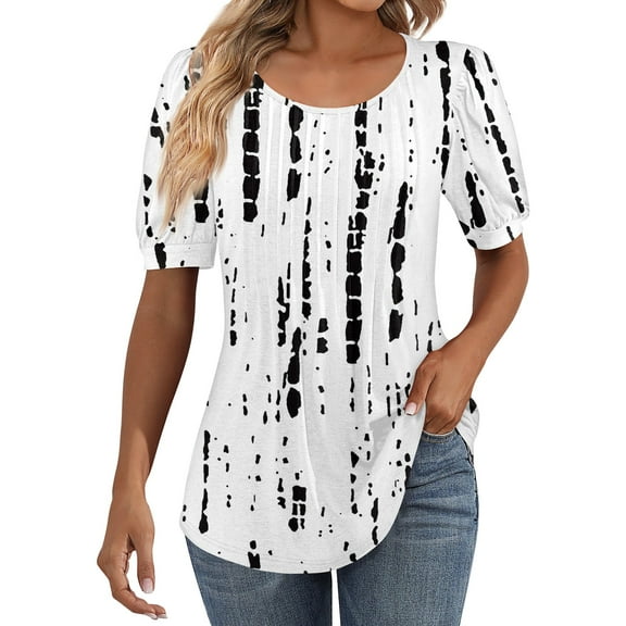 IYYVV Shirts For Women Puff Short Sleeve Pleated Dressy Casual Scooped Neck Summer Tops Blouses Fashion Clothes 2024 White XL