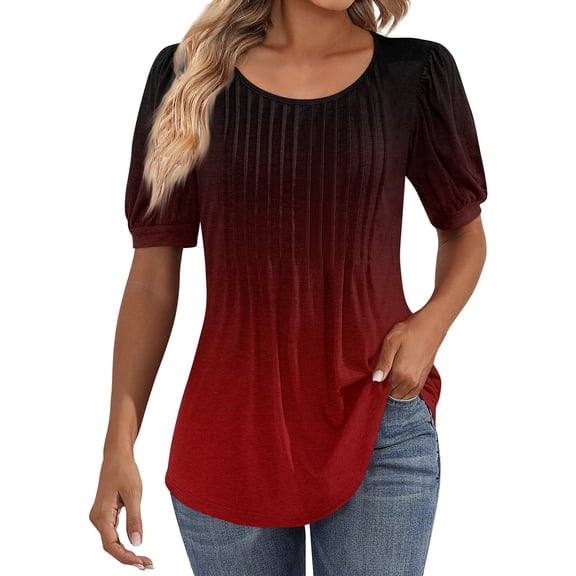 IYYVV Shirts For Women Puff Short Sleeve Pleated Dressy Casual Scooped Neck Summer Tops Blouses Fashion Clothes 2024 Wine 2XL