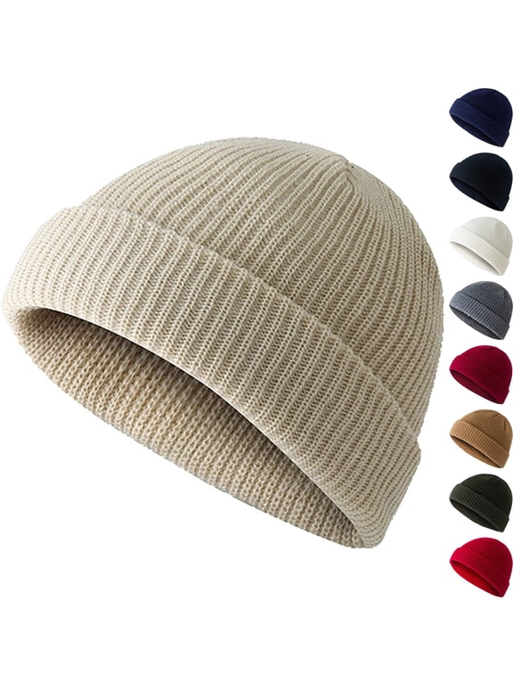 Short Beanie Hat for Men, Knit Winter Hat Cuff Warm Ultra Soft Skull Cap for Fall and Winter Daily Wear Outdoor Activities Skiing Beige