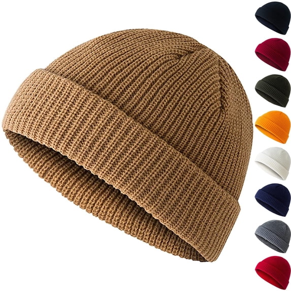 IYYVV Short Beanie Hat for Men, Knit Winter Hat Cuff Warm Ultra Soft Skull Cap for Fall and Winter Daily Wear Outdoor Activities Skiing Brown