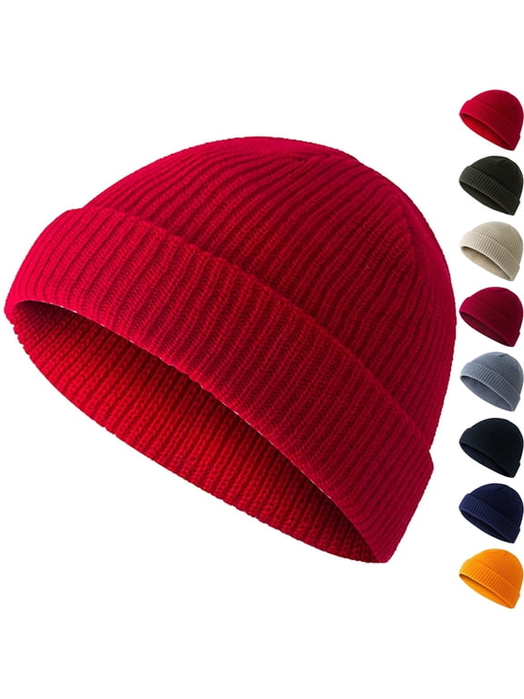Short Beanie Hat for Men, Knit Winter Hat Cuff Warm Ultra Soft Skull Cap for Fall and Winter Daily Wear Outdoor Activities Skiing Red