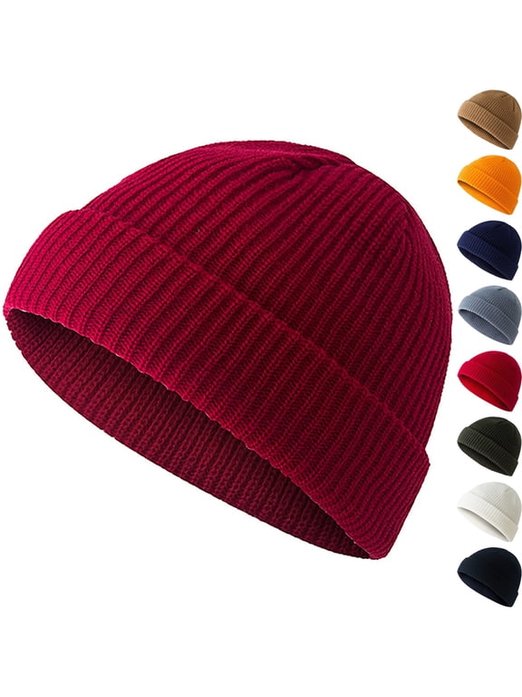 Short Beanie Hat for Men, Knit Winter Hat Cuff Warm Ultra Soft Skull Cap for Fall and Winter Daily Wear Outdoor Activities Skiing Wine