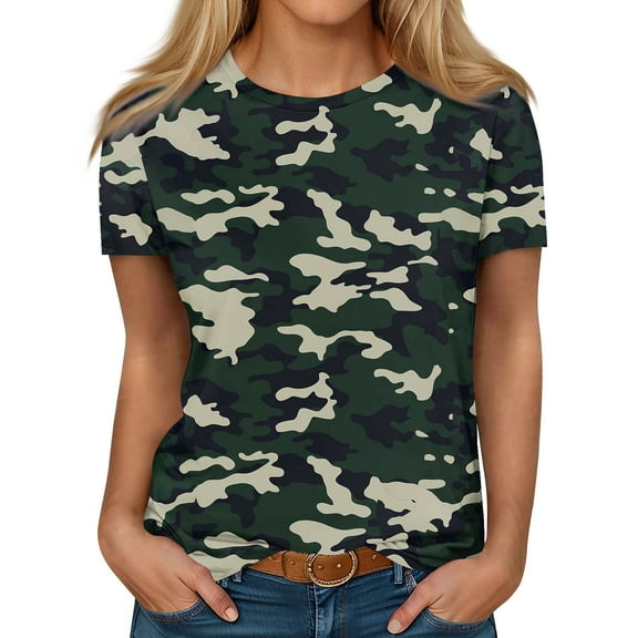 IYYVV Short Sleeve Shirts For Women Cute Summer Tops Fashion Funny O Neck Camo Womens Oversized Graphic Tee Shirts Blouses Spring Teen Clothes Dark Green XL