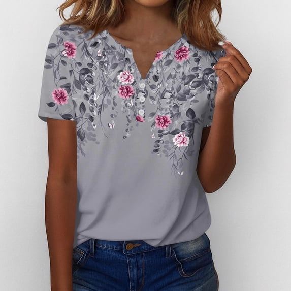 IYYVV Short Sleeve Shirts for Women Summer Tops 2026 Floral Printed Soft Boho Casual Button Down V Neck Loose Fit T Shirts Dark Gray M