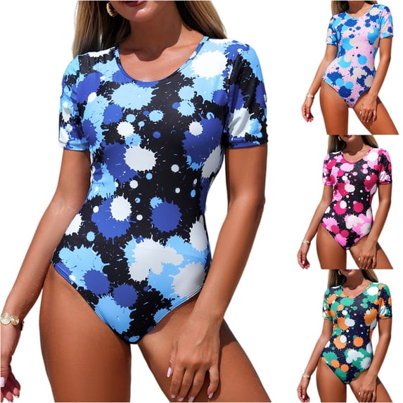 IYYVV Short Sleeve Swimsuit for Women Athletic Surfing Bathing Suit One Piece Rash Guard Tie Dye Swimwear Pink 2XL