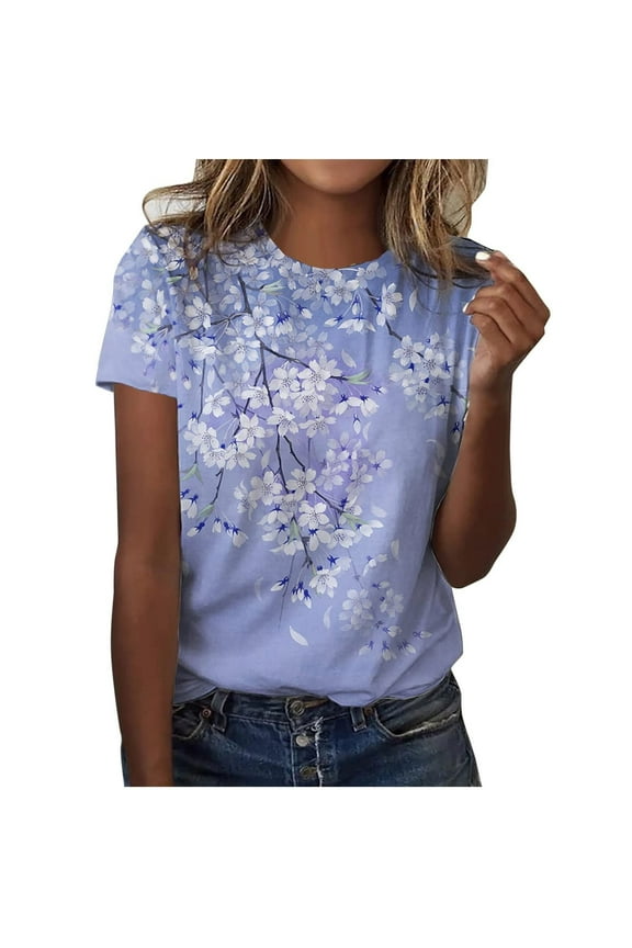 Short Sleeve Tops For Women Fall Boho Teacher Shirt Scoop Neck Loose Fit Trendy Plus Size Blouse Floral Print Tees Summer Clothes Light Purple 4XL