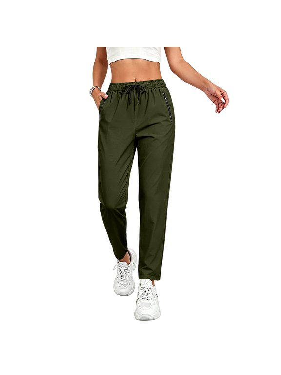 Stretch Active Pants for Women Comfy Fit Quick Dry Athletic Pants Running Hiking Joggers with Zipper Pockets Army Green M