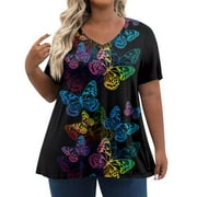 IYYVV Plus Size Shirts For Women Summer Loose Fitting Tops Butterfly Print Womens V Neck T Shirts Short Sleeve Blouse Y2K Cute Girls Clothes Fall Fashion 2024 Blue 4XL