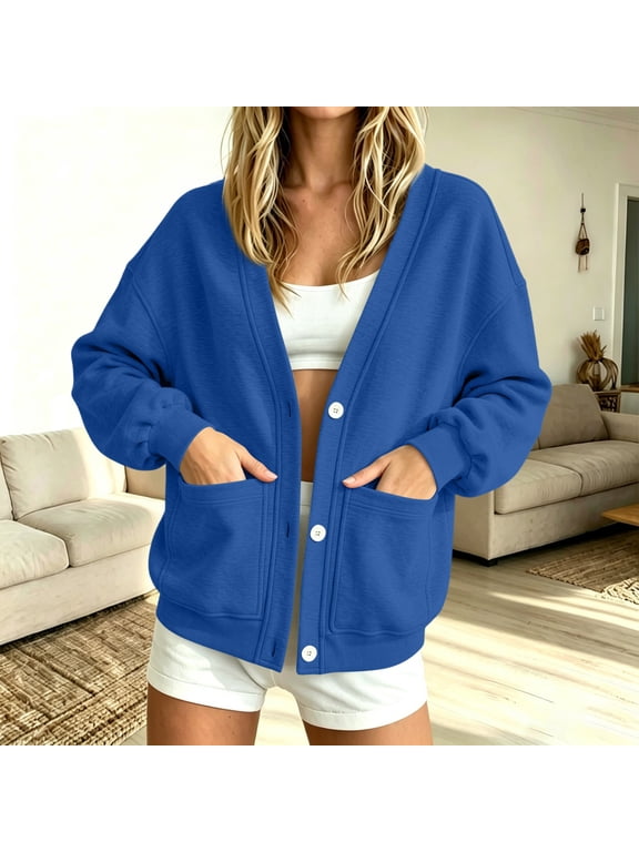 Sweatshirt Cardigan Women Oversized Open Front Cardigan Vneck Coat Button Down,with Pockets Windbreaker, Loose Fit, Long Sleeve Blue XL