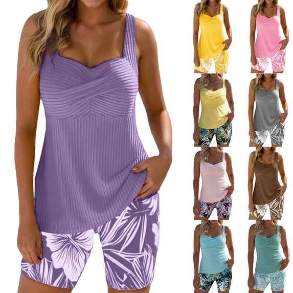 IYYVV Tankini Swimsuits for Women Two Piece Print Bathing Suit Modest Coverage Tank Top with Board Shorts Purple M