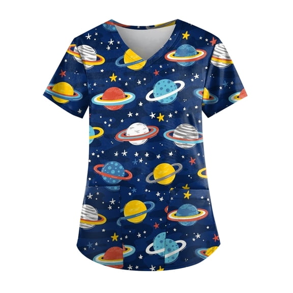 IYYVV Tie Dye Print Scrub Tops Women Nurse Summer Short Sleeve V Neck Workwear Working Uniform Blouse Plus Size Scrubs for Women Medical Scrubs with Pockets Blue 3XL