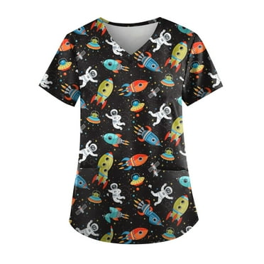 IYYVV Tie Dye Print Scrub Tops Women Nurse Summer Short Sleeve V Neck Workwear Working Uniform Blouse Plus Size Scrubs for Women Medical Scrubs with Pockets Black M