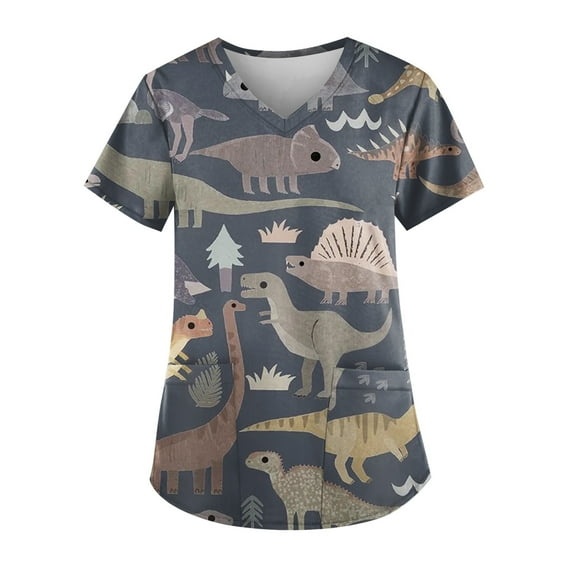 IYYVV Tie Dye Print Scrub Tops Women Nurse Summer Short Sleeve V Neck Workwear Working Uniform Blouse Plus Size Scrubs for Women Medical Scrubs with Pockets Dark Gray L