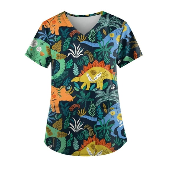 IYYVV Tie Dye Print Scrub Tops Women Nurse Summer Short Sleeve V Neck Workwear Working Uniform Blouse Plus Size Scrubs for Women Medical Scrubs with Pockets Orange M
