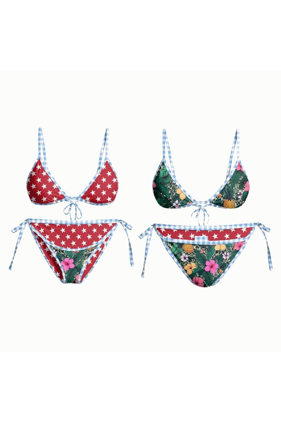 Triangle Bikini Set for Women Swimsuit Print Tie Smocked Ruched Two Piece Floral Printed Bathing Suit Purple S