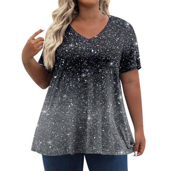 IYYVV Tshirts Shirts For Women Plus Size Bohemian Tops V Neck Shirts Trendy Summer Sparkly Graphic Short Sleeve Tunic Tops Dressy Casual Oversized Clothes Fall Fashion 2024 Gray 3XL