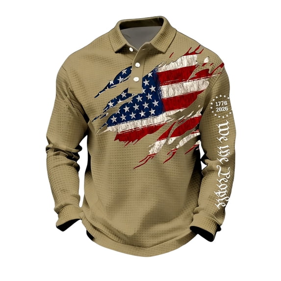 IYYVV USA Shirts Men's 250th Anniversary Flag Print Casual Waffle Long Sleeve Polo Shirt Cross Patriotic Tee Earthy Yellow 5XL
