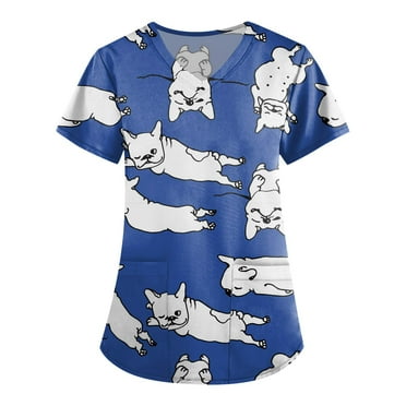 IYYVV V-Neck Scrub Top for Women with 2 Pockets Nursing Short Sleeve Working Uniform Cute Animal Print Summer Scrubs Tops Workwear Dark Blue 4XL