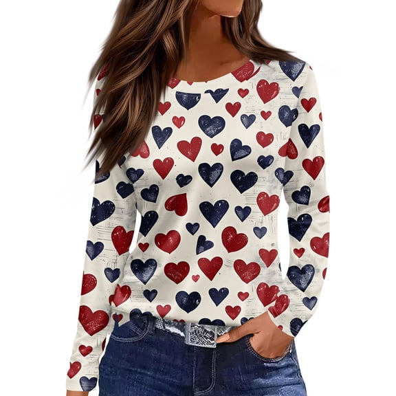 IYYVV Valentine Shirts For Women Cute Love Heart Print Long Sleeve Tshirts 2026 Spring Casual Crewneck Tee Tops Blouses Blue 3XL