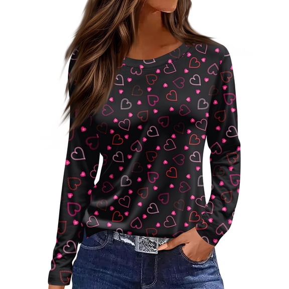 IYYVV Valentine Shirts For Women Cute Love Heart Print Long Sleeve Tshirts 2026 Spring Casual Crewneck Tee Tops Blouses Light Purple S