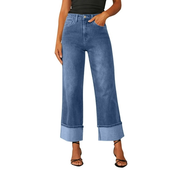 IYYVV Wide Leg Jeans for Women High Waisted Stretchy Denim Crop Pants Fold Hem Cropped Baggy Jeans with Pockets Light Blue L