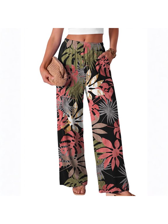 Wide Leg Pants for Women Flowy Palazzo Elastic Waist Trousers with Pockets Summer Beach Vacation Slacks Hot Pink XL