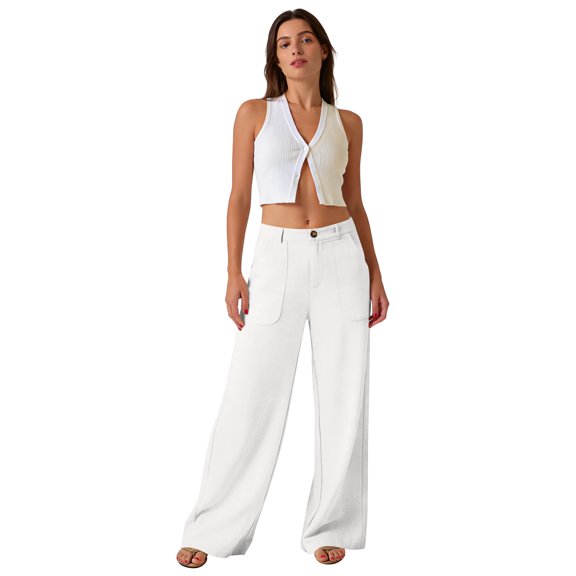 IYYVV Wide Leg Work Pants for Woman Stretchy Office Slack Dress Pants Business Trousers with Pockets White S