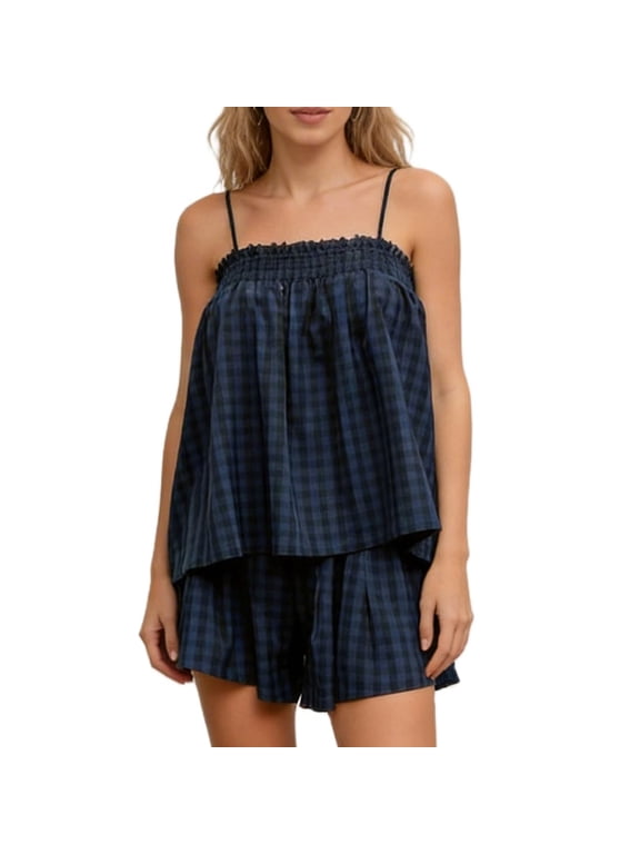 Women 2 Piece Gingham Shorts Set Sleeveless Babydoll Cami Top Matching Shorts Pajama Sets Two-Piece Summer Outfit Blue M