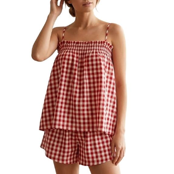 IYYVV Women 2 Piece Gingham Shorts Set Sleeveless Babydoll Cami Top Matching Shorts Pajama Sets Two-Piece Summer Outfit Red S