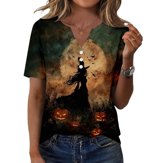IYYVV Women Fall Halloween V Neck Shirt Pumpkin Graphic Short Sleeve Tee Autumn Holiday Family Matching Top Yellow S