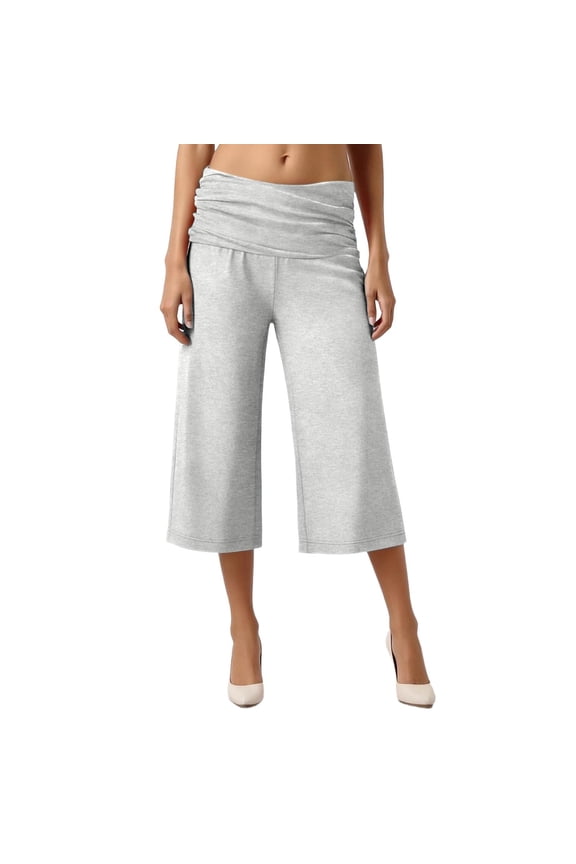 Women Fold Over Gauchos Pants Low Rise Cropped Wide Leg Capri Summer Foldover Yoga Culottes Pajama Bottoms Light Gray S
