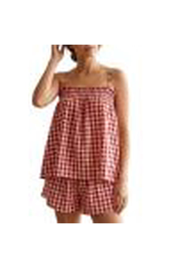 Women Gingham Two Piece Set Sleeveless Babydoll Tank Top And Plaid Shorts Pajama Set Sleepwear Y2K Summer Fashion Outfits Pink L