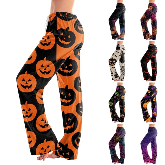 IYYVV Women Halloween Pajama Pants Cute Pumpkin Ghost Funny Print Palazzo Pjs Bottoms With Pockets Drawstring Sleep Lounge Pants 2026 Multicolor 2XL