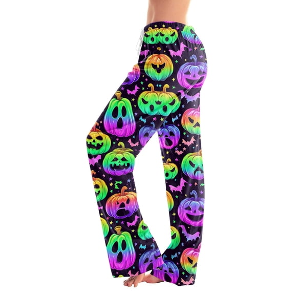 IYYVV Women Halloween Pajamas Pants Aesthetic Trendy Ghost Patterned Drawstring House Bottom Stretch Lounge Spooky Ghost Fall Pant Multicolor M