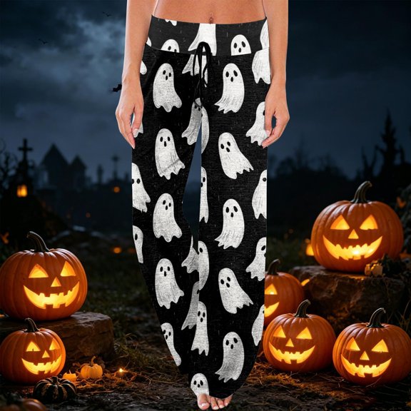IYYVV Women Halloween Pajamas Pants Aesthetic Trendy Ghost Print Drawstring Pjs Halloween Cozy Comfortable Skeleton Fall Pants Multicolor S