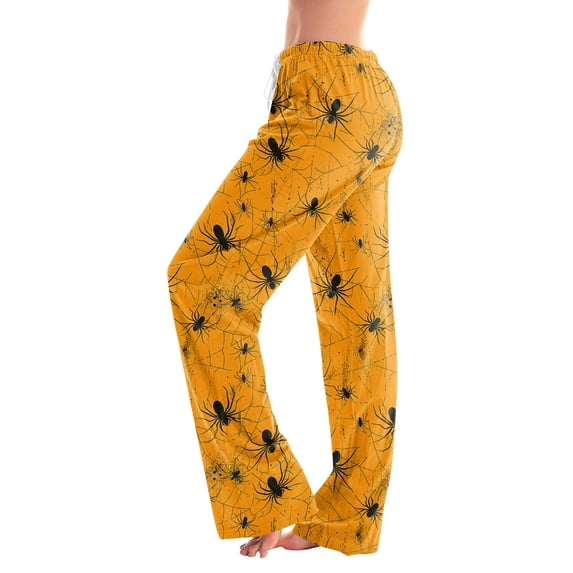 IYYVV Women Halloween Pajamas Pants Fall Pumpkin Pattern Print Lounge Slacks Comfy Loose Fit Drawstring Elastic Waist Sweatpants Saffron M