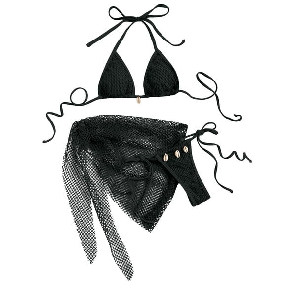 IYYVV Women'S 3 Piece Swimsuit Fishnet Halter Triangle String Bikini Set Bathing Suit With Tie Side Cover Up Beach Skirt Black L