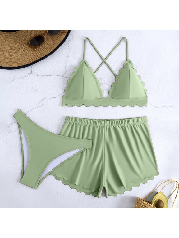Women'S 3 Piece Swimsuit Scallop Trim Bathing Suit Cross Back Triangle Bikini Set With Shorts And Bikini Mint Green S